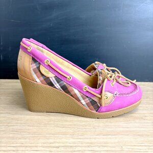Sperry Top-Sider Goldfish wedge boat shoes pink suede plaid - size 9M